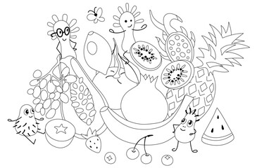 Fruits and cute probiotic bacteria characters in black and white. Healthy food composition. Colored page background. Editable stroke. Vector EPS + JPEG + Transparent PNG