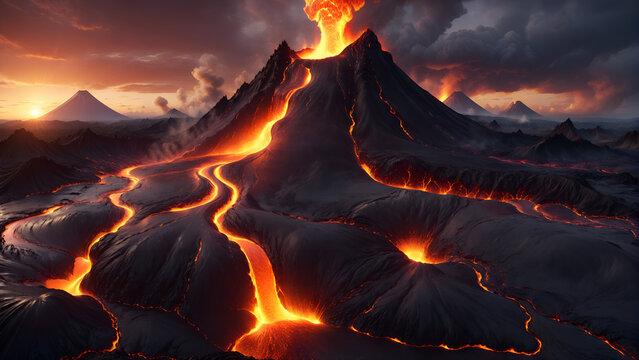 Volcano flowing lava