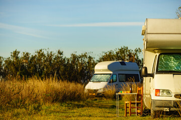Caravans with thermal screen blind camp on nature