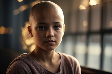 A brave young girl, her head bald from cancer treatment, gazes into the distance with determination and hope Ai generated