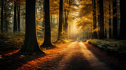 Autumn Forest Path with Fallen Leaves and Sunshine - A Journey Through the Enchanting Woodlands