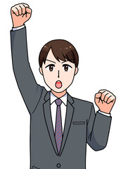 ガッツポーズのスーツの男性