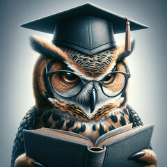 A funny  owl wearing glasses and a graduation cap reading a book