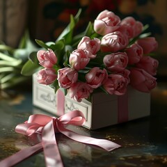 realistic romantic bouquet of pink tulips with classic gift box
