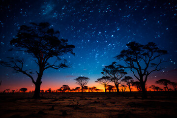 Fototapeta na wymiar A nocturnal photograph capturing trees ablaze under a starry sky in La Pampa. 