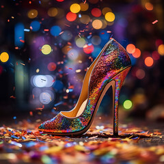 Colorful glittery high heel shoes on street with party lights and confetti party, celebration, new...