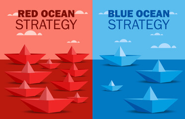 Illustration of Red Ocean and Blue Ocean Strategy Concept business marketing presentation. Paper boats on red ocean and blue ocean Marketing. Red boats on very competitive market many competitors.  - obrazy, fototapety, plakaty