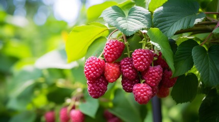 Raspberries and lilac on the bush, on a branch over trees, Fresh raspberries for sale in a garden.