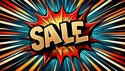 a vibrant and eye-catching graphic with the word "SALE" in bold, central lettering, reminiscent of a comic book explosion style,typical for advertisements and marketing materials