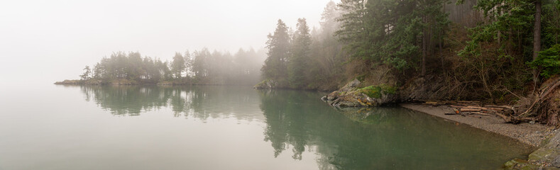 Foggy morning on an island shoreline in the Salish Sea area of Washington state. Beautiful atmospheric day on the coast of Lummi Island surrounded by a fir forest and a small rocky beach.