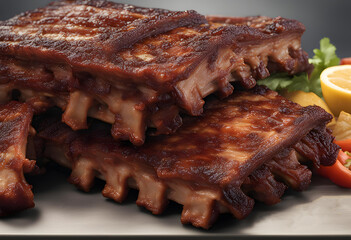 the dish BBQ ribs on the wooden table close-up.