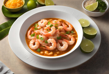 The ecuadorian national dish Encebollado soup with shrimps on the table.