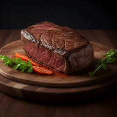 a detailed photo of cooked Meat Steak on the wooden table close-up.