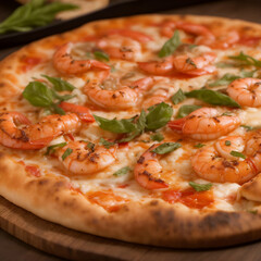 seafood pizza with shrimps on the wooden table close-up