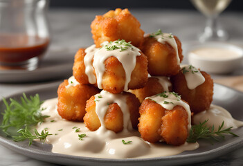 the dish Tater tots with dipped in cream sauce and herbs on the wooden table close-up