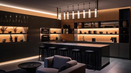 Luxury apartment with a premium contemporary kitchen loft style in dark colors. Interior design kitchen, designer lights and accesories. - obrazy, fototapety, plakaty