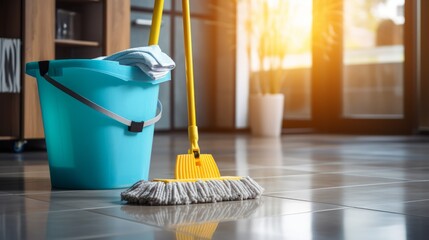 Natural cleaning products. Eco-friendly cleaning. A baket and mop.