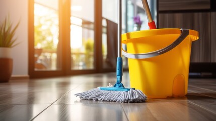 Natural cleaning products. Eco-friendly cleaning. A baket and mop.