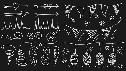 Hand drawn design element, arrow set, grass, highlight, underline, sparkle element. Vector illustration.