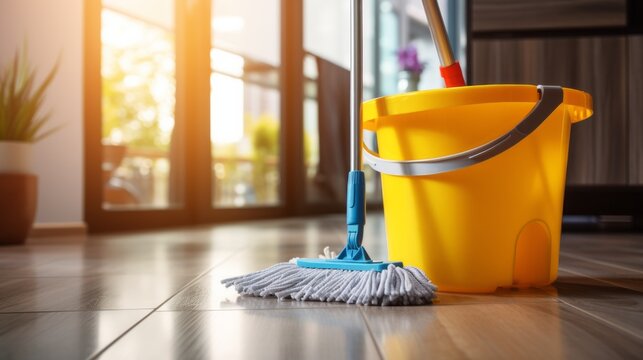 Natural cleaning products. Eco-friendly cleaning. A baket and mop.