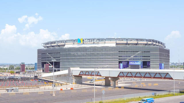 Aerial view of MetLife Stadium and parking lot at Meadowlands Sports Complex. East Rutherfo NJ - July 15, 2023