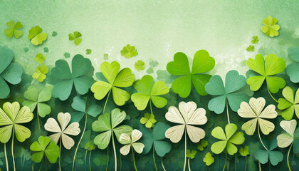 Green shamrocks background for Saint Patrick's Day, in a cut paper collage style. Generative AI
 - Powered by Adobe