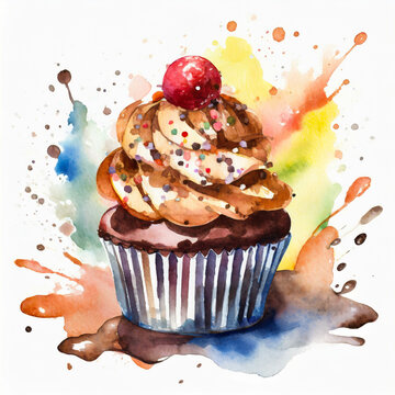 Chocolate cupcake with sprinkles and cherry, in a colorful watercolor style. Generative AI
