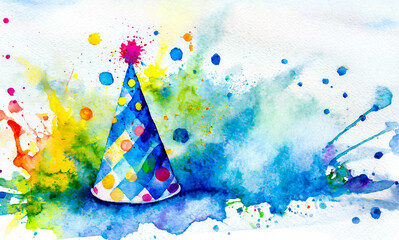 Birthday party hat, in a colorful watercolor style. Generative AI
