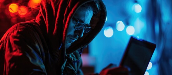 Tablet-wielding hacker, dimly lit image with red and blue.