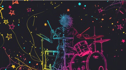 silhouette of Drummer in hand sketch style