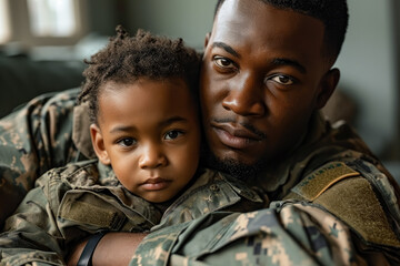 Dad is home, family is complete, African American military, father and son.

