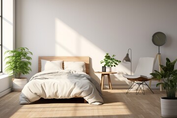 Fototapeta premium This modern minimalist bedroom features a platform bed with smooth lines, complemented by a curated selection of air-purifying plants for a serene ambiance