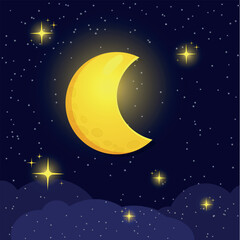 Obraz na płótnie Canvas Cute cartoon moonlit night. Twinkling stars, moon, clouds. Vector illustration.