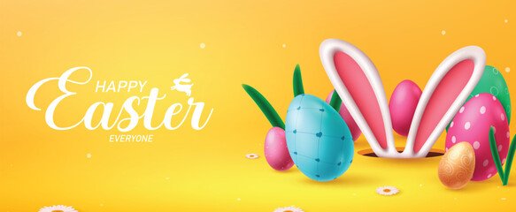 Happy easter text vector banner design. Happy easter greeting card with colorful eggs and bunny ears in yellow background for kids egg hunt celebration design. Vector illustration easter egg greeting 