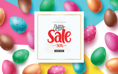 Easter sale text vector banner template. Easter sale special offer discount text in frame border space with colorful eggs decoration elements in abstract background. Vector illustration shopping promo