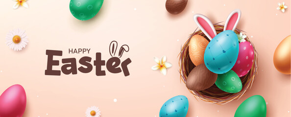 Easter greeting text vector banner. Happy easter greeting text with colorful pattern eggs and bunny ears in nest decoration elements. Vector illustration easter greeting card. 
