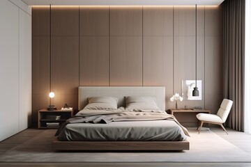 Experience the fusion of style and comfort in this minimalist bedroom, boasting a sleek floating bed frame, hidden lighting, and a soft, muted color palette.
