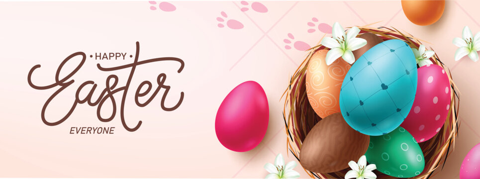 Happy easter greeting vector banner design. Happy easter egg fun hunt holiday season celebration with eggs colorful print and pattern in nest elements decoration. Vector illustration easter egg 