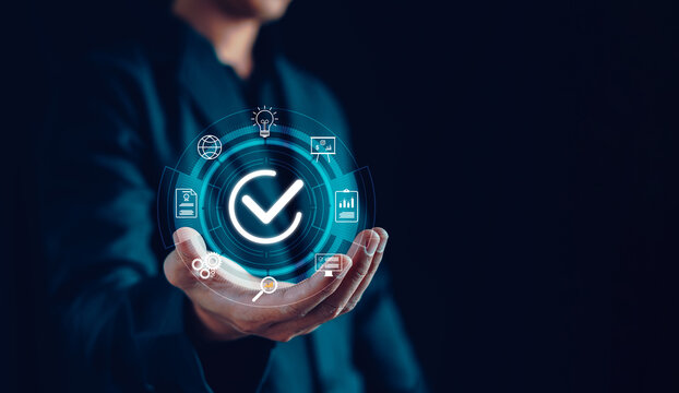 Standards quality assurance control standardization and certification concept. Service guarantee, Proposal, ISO certificate, technology systems management, Assured, Value, Business, Checked icon.