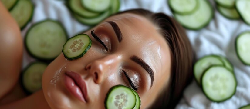 Close-up of a beautiful woman with cucumber slices on her face at a spa salon.
