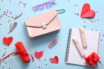 Composition with stylish female accessories, notebook and gifts for Valentine's Day celebration on...