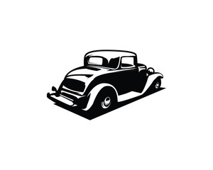 Silhouette of old 1932s ford caupe logo isolated white background view from side. Best for badges, emblems, icons and vintage car industry.