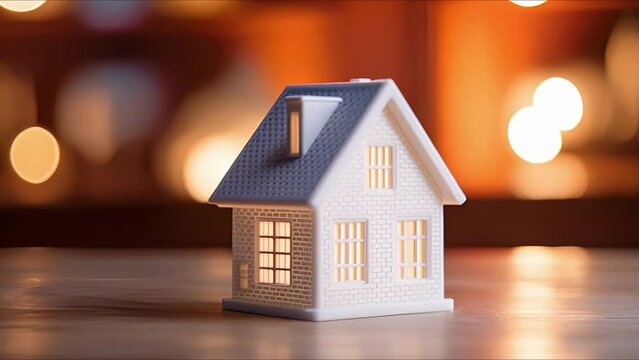 Closeup of a mini 3D printed house, with detailed architecture and a textured exterior.