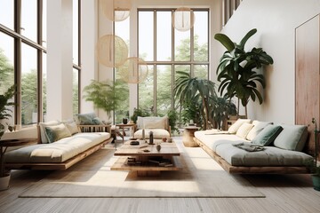 Fototapeta premium Explore high-end minimalism with this living space, showcasing designer furniture, sleek surfaces, and captivating sculptural foliage arrangements for a modern look.