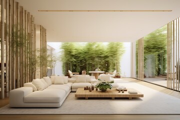 Explore high-end minimalism with this living space, showcasing designer furniture, sleek surfaces, and captivating sculptural foliage arrangements for a modern look.