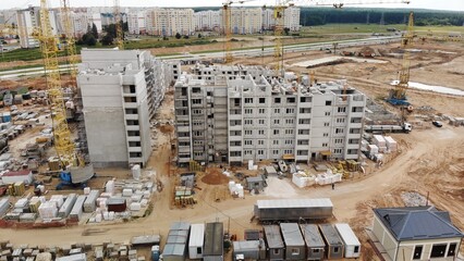 Construction of apartment buildings in Belarus. Drone view.