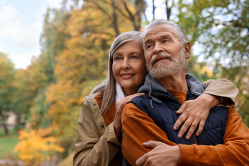 Fototapeta premium Portrait of affectionate senior couple in autumn park, space for text