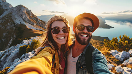 Couple taking a selfie on a mountain hike at sunset, with a scenic lake view in the background. - Powered by Adobe
