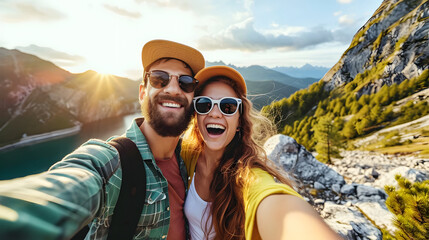 Couple taking a selfie on a mountain hike at sunset, with a scenic lake view in the background. - obrazy, fototapety, plakaty