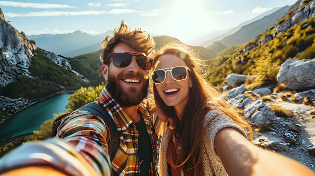 Couple taking a selfie on a mountain hike at sunset, with a scenic lake view in the background.